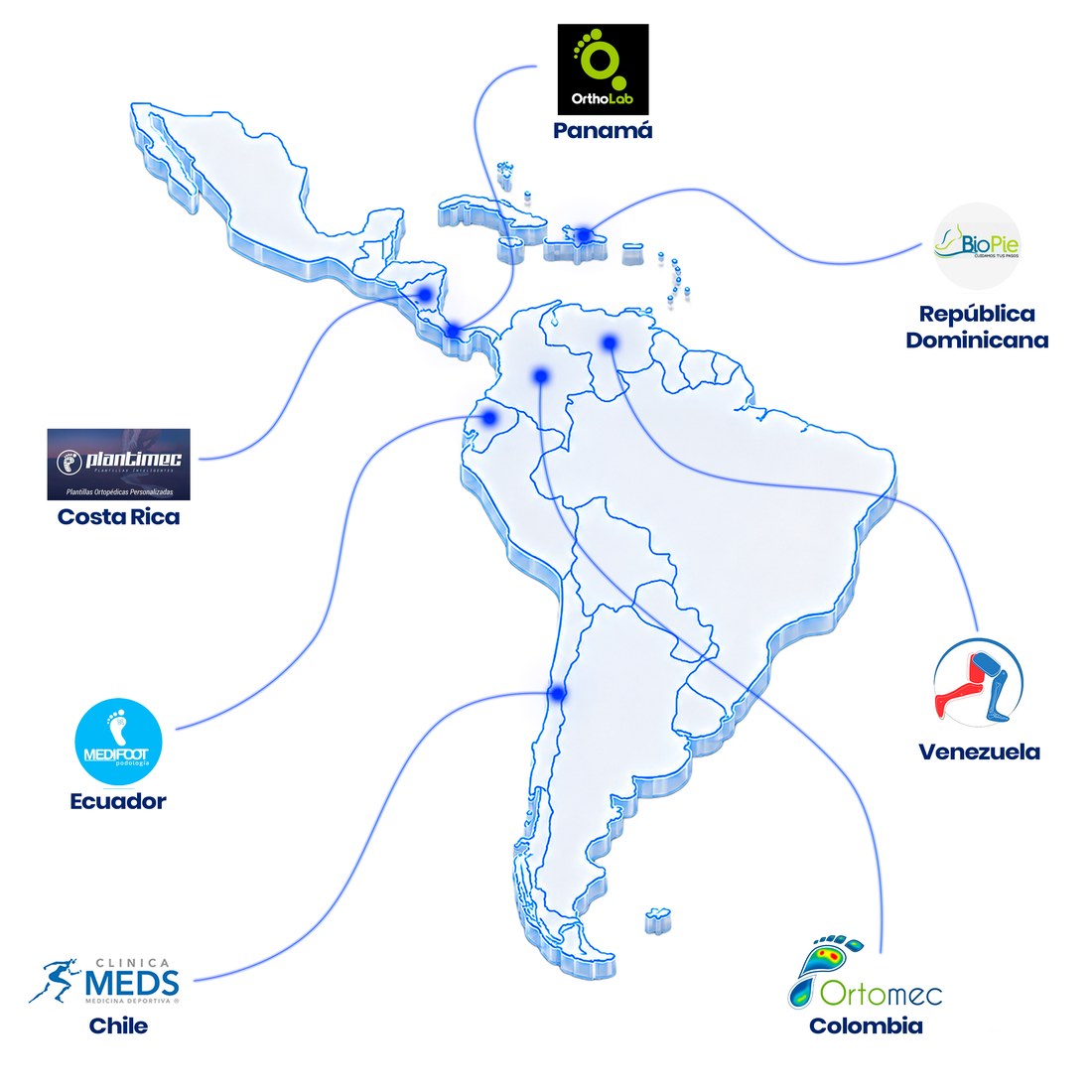 Mapa de aliados Ortomec en Latinoamérica: Colombia, Panamá, República Dominicana, Venezuela, Ecuador, Costa Rica, Chile